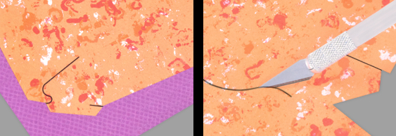 Zweite Bastelcollage: Oberseite der verzierten McDonald’s Chicken-McNuggets-Box wird auf lilafarbene Schablone geklebt, anschließend werden mit einem Bastelmesser die Schnittlinien nachgezogen. GWS2.de Diese Bildcollage besteht aus zwei aufeinanderfolgenden Bastelschritten. Links ist zu sehen, wie die bunt verzierte Oberseite der 4er-Chicken-McNuggets-Schablone auf eine zweite Vorlage geklebt wird. Das zweite Exemplar wurde aus lilafarbenem Tonpapier gefertigt, sodass ein schöner Kontrast zwischen der farbenfrohen Außenseite und dem kräftigen Untergrund entsteht. Rechts daneben zeigt sich der nächste Arbeitsschritt: Die beiden Schichten sind fest miteinander verbunden, und nun werden mit einem feinen Bastelmesser die vorgedruckten Schnittlinien nachgezogen. So lassen sich kleine Details wie die Frontnasen an der Vorderseite der Box sauber freistellen - genau jene Elemente, die später dafür sorgen, dass die Schachtel sich zuverlässig verschließen lässt. Ein Bild, das deutlich macht, wie sorgfältig und präzise sich Bastelspaß und Handwerk verbinden können. September 2025 - Veronika Helga Vetter