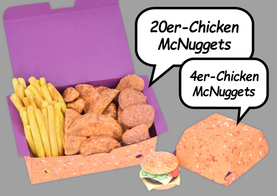 Dekoratives Bastelbild: Eine große 20er-Chicken-McNuggets-Box, gefüllt mit Pommes, Wedges und Nuggets aus Fimo, daneben eine verschlossene 4er-Box und ein detailreicher Cheeseburger - alles handgefertigt von Veronika Helga Vetter, Papierkünstlerin, Führungskraft bei Lidl, Inhaberin von Computerheld Linz und zweifache Mutter. GWS2.de - September 2025 Dieses Deko-Bild ist ein echtes Fest für die Augen – ein kleines Fast-Food-Paradies, komplett in Handarbeit erschaffen. Links strahlt die große 20er-Chicken-Box, weit geöffnet und bis zum Rand gefüllt. Im lilafarbenen Inlay liegen Pommes, knusprige Kartoffel-Wedges und goldbraune Chicken Nuggets, alles täuschend echt aus Fimo-Modelliermasse gefertigt. Die orangefarbene Außenseite leuchtet mit dem einzigartigen Wachspastellkreide-Muster, das der Box einen künstlerischen Touch gibt. Eine kleine Sprechblase geht von der Box ab – mit der Aufschrift „20er minus Chicken McNuggets“ – ein humorvolles Augenzwinkern an das Originalprodukt. Rechts daneben präsentiert sich die kleine Schwester: die 4er-Chicken-McNuggets-Box. Sie ist verschlossen, sodass ihre Außenseite in voller Pracht zur Geltung kommt. Die Schachtel zeigt die farbenfrohe Verzierung und – als besonderes Detail – den originalgetreuen Verschlussmechanismus, der sich sauber ineinanderhakt. Auch hier weist eine Sprechblase den Weg mit der klaren Botschaft „4er Chicken McNuggets“. Zwischen diesen beiden Boxen liegt als i-Tüpfelchen ein handgefertigter Cheeseburger, ebenfalls aus Fimo. Ein goldbraun angebräuntes Bun mit Sesamkrönung, darunter zwei Scheiben American Cheese, ein saftiges Patty, Gurkenscheiben und eine frische Tomatenscheibe – alles so realistisch modelliert, dass man fast hineinbeißen möchte. Das gesamte Arrangement ist vor einem neutralen, grauen Hintergrund freigestellt, sodass die Farben noch intensiver wirken. Und das Wichtigste: Jedes einzelne Detail – vom Pommes-Frittchen bis zur Boxenverzierung – stammt aus der Hand von Veronika Helga Vetter. Sie ist nicht nur eine renommierte Papierkünstlerin, sondern zugleich Führungskraft bei Lidl, kreative Unternehmerin mit Computerheld Linz und zweifache Mutter. Ein Bild, das Kunst, Humor und Lebensfreude vereint. DAoCFrEak 2025 - GWS2.de