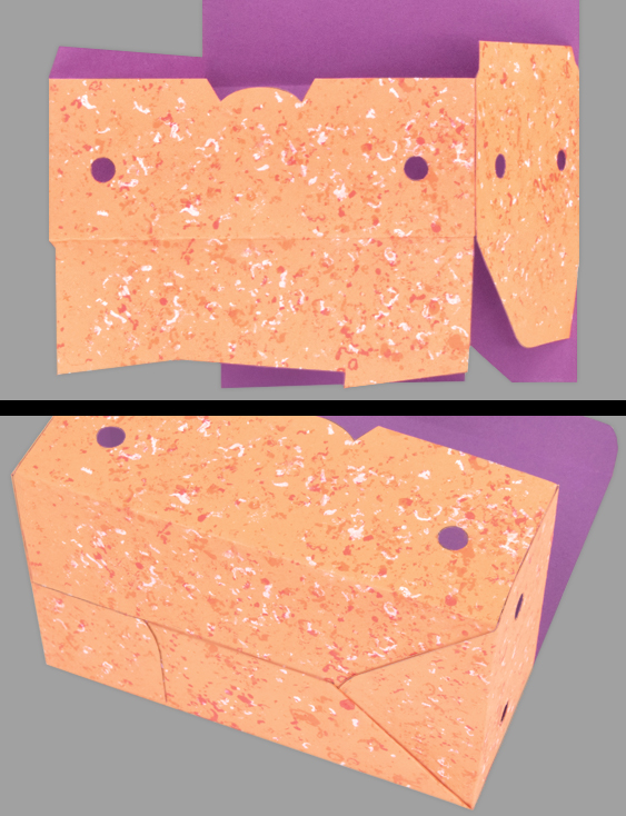 Collage mit Bastelschritten: 20er-Chicken-McNuggets-Box halb offen mit sichtbaren Seitenteilen, darunter die fertige Schachtel mit zusammengestecktem Boden - ohne Kleber, wie beim Original. Umsetzung Veronika Helga Vetter Diese Collage zeigt zwei wichtige Schritte beim Bau der großen 20er-Chicken-McNuggets-Box. Oben sieht man die ziegelsteinförmige Schachtel, frisch aus vier Einzelteilen zusammengefügt. Die Seiten sind bereits geschlossen, doch Deckel und Boden bleiben noch offen - sie ragen nach oben und unten wie kleine Flügel. Außen leuchtet das orangefarbene Tonpapier, das mit Wachspastellkreiden kunstvoll verziert wurde, während im Inneren das lilafarbene Papier hervorblitzt und einen hübschen Kontrast bildet. Das untere Bild zeigt dann den nächsten Fortschritt: Der Boden ist jetzt fest zusammengesteckt, ganz ohne Kleber. Diese Technik entspricht exakt dem Original von McDonald’s - stabil, praktisch und clever konstruiert. So verwandelt sich das vorbereitete Papierstück Schritt für Schritt in eine täuschend echte McNuggets-Box. Kostenlose Bastelschablonen von GWS2.de - zuerst im September 2025 veröffentlicht