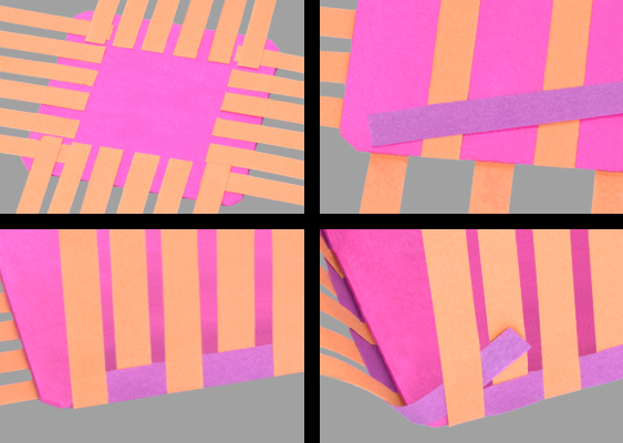 Grundaufbau des Papierkorbes – Flechtanfang mit orange, pink und violettem Tonpapier von Veronika Helga Vetter Die Collage zeigt in vier aufeinanderfolgenden Motiven die Entstehung des Papierkorbes, der später den Lebkuchenmann trägt. Im ersten Bild oben links liegt die Basis bereit: ein kräftig pinkfarbener Boden aus Tonpapier, von dem rundum schmale orangefarbene Streifen ausgehen. Sie sind exakt zugeschnitten und gleichmäßig verteilt – ein geometrisches Raster, das den Grundkörper des Korbes vorgibt. Die Komposition wirkt klar und konstruiert, wie ein Bauplan aus Farbe und Rhythmus. Oben rechts ist der nächste Arbeitsschritt zu sehen. Ein erster violetter Streifen wird über und unter die senkrechten Bahnen geführt. Der Beginn des Flechtmusters zeichnet sich ab, und man erkennt, wie sich die Form vom zweidimensionalen Plan in ein dreidimensionales Geflecht verwandelt. Das Farbspiel aus Orange, Pink und Violett erzeugt Tiefe und Spannung, beinahe wie bei einer Textilarbeit. Unten links zeigt sich, wie die Struktur wächst: Die senkrechten Elemente stehen bereits leicht nach oben, das Flechtwerk wird dichter, die Flächen beginnen, sich zu wölben. Die Streifen verlaufen präzise, sauber aneinandergelegt – kein Überstand, keine Unruhe. Die Ordnung, mit der gearbeitet wurde, vermittelt handwerkliche Ruhe. Im letzten Ausschnitt unten rechts wölbt sich der Korb weiter nach oben. Ein violetter Streifen wird gerade sorgfältig zwischen die stehenden Bahnen geschoben. Es ist der Moment, in dem sich Funktion und Ästhetik begegnen – der Korb bekommt Stabilität, Form und Ausdruck zugleich. Diese Bildserie stammt von der österreichischen Papier- und Webkünstlerin Veronika Helga Vetter, die seit 2012 filigrane Basteltechniken mit künstlerischer Präzision dokumentiert. Ihre Fotografien sind nicht nur Anleitung, sondern auch visuelle Erzählung: Sie machen sichtbar, wie aus einfachen Streifen eine tragfähige Struktur entsteht – handwerklich exakt, farblich harmonisch und mit einem leisen Hauch von Weihnachtsmagie. GWS2.de - November 2025