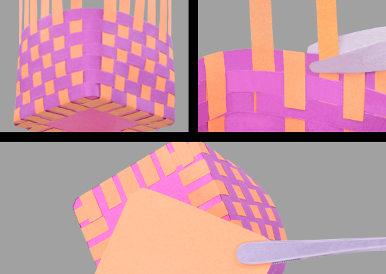 Flechtarbeit am Papierkorb – Schritt-für-Schritt zum geflochtenen Lebkuchenkorb aus orange und violettem Tonpapier Bastelanleitung Papierkorb (geflochten): Oben links: Ein kleiner Korb aus Tonpapier zeigt seine frisch geflochtene Haut. Orange und Violett greifen wie Schachfelder ineinander, Reihe für Reihe, eng anliegend um die Ecke gelegt. Die Kanten wirken wie gebügelt, der Boden sitzt plan, und die senkrechten Streifen stehen noch wie ein zarter Wald nach oben – bereit, die nächsten Bahnen zu empfangen. Man spürt fast, wie jede Reihe den Körper straffer zieht und der Würfel langsam zur Schale wird. Oben rechts: Eine Nahaufnahme der Arbeit in Bewegung. Zwischen die stehenden Streifen wird eine weitere Bahn geschoben; ein flaches Werkzeug führt sie behutsam unter die bereits liegenden Lagen. Man sieht die Logik des Musters: drüber, drunter, drüber – ein gleichmäßiger Puls. Die Papieroberflächen sind matt und samtig, die Übergänge präzise; nichts wölbt, nichts franst. Hier entsteht Stabilität aus Rhythmus. Unten: Die Collage schließt mit der poetischen Technikaufnahme: Der Korb ist leicht gekippt, der Boden in warmem Orange füllt die Fläche, während das Werkzeug erneut eine Bahn sauber unterhebt. Kleine, exakt gesetzte Knicke an der Kante verraten, wo das Papier lenkt und wo es folgt. Das Geflecht wirkt jetzt geschlossen, klar definiert, als hätte es eine eigene Grammatik – jedes Band ein Satz, jede Ecke ein sorgfältig gesetztes Satzzeichen. Das Ergebnis: ein leichter, doch belastbarer Körper, der Form und Farbe zu einem ruhigen, weihnachtlichen Takt vereint. Bildcollage von Veronika Helga Vetter - GWS2.de November 2025